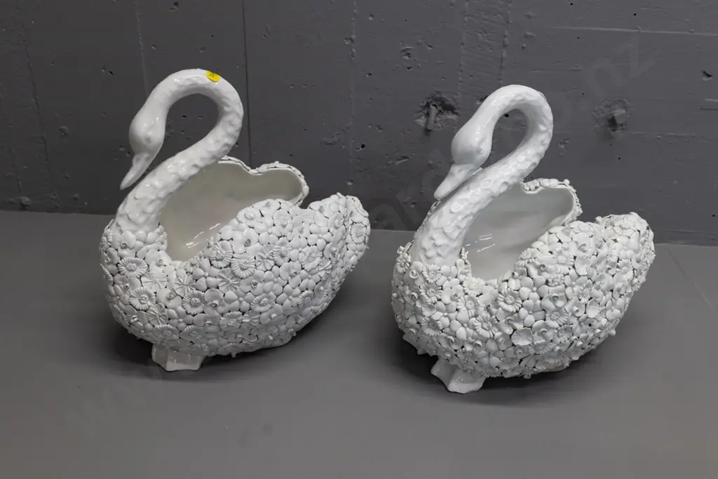 pair of porcelain swans with relief & applique decoration - marked A.Z. Nove, chip to foot of one H-310 L-310 W-230 Image 1++