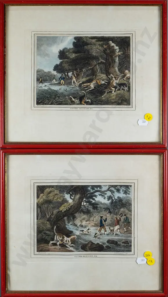 pair of framed hand-coloured lithographs - Otter Hunting I & II, 1790 - some foxing and wrinkling - each H115 W170 Image 1++