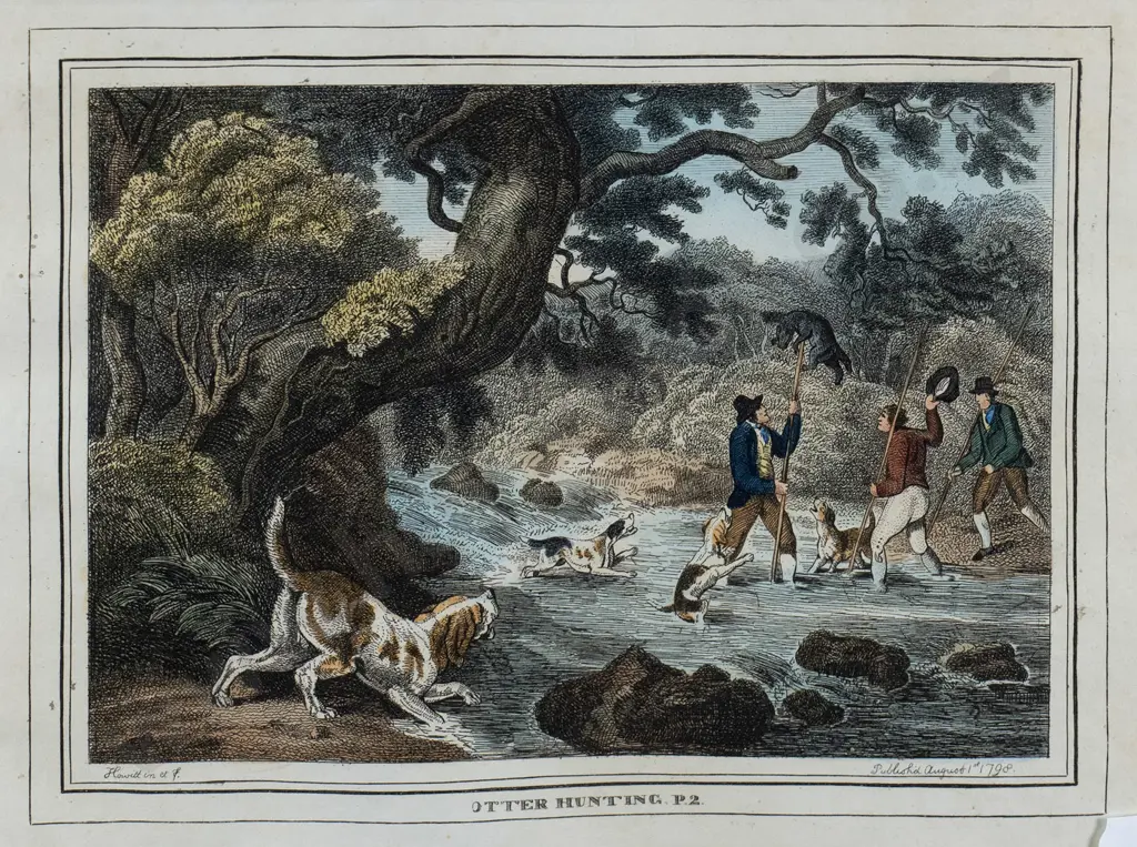 pair of framed hand-coloured lithographs - Otter Hunting I & II, 1790 - some foxing and wrinkling - each H115 W170 Image 1++
