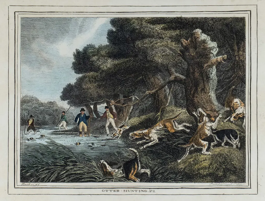 pair of framed hand-coloured lithographs - Otter Hunting I & II, 1790 - some foxing and wrinkling - each H115 W170 Image 1++