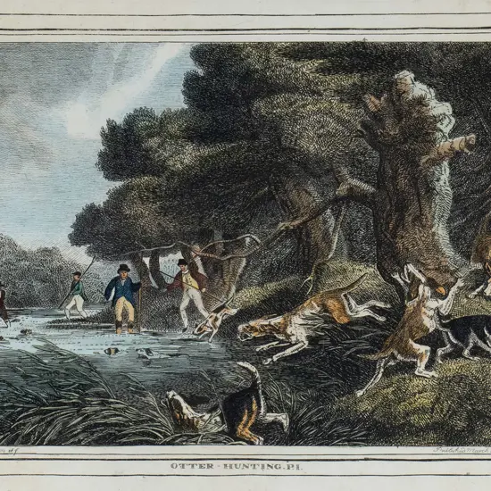 pair of framed hand-coloured lithographs - Otter Hunting I & II, 1790 - some foxing and wrinkling - each H115 W170
