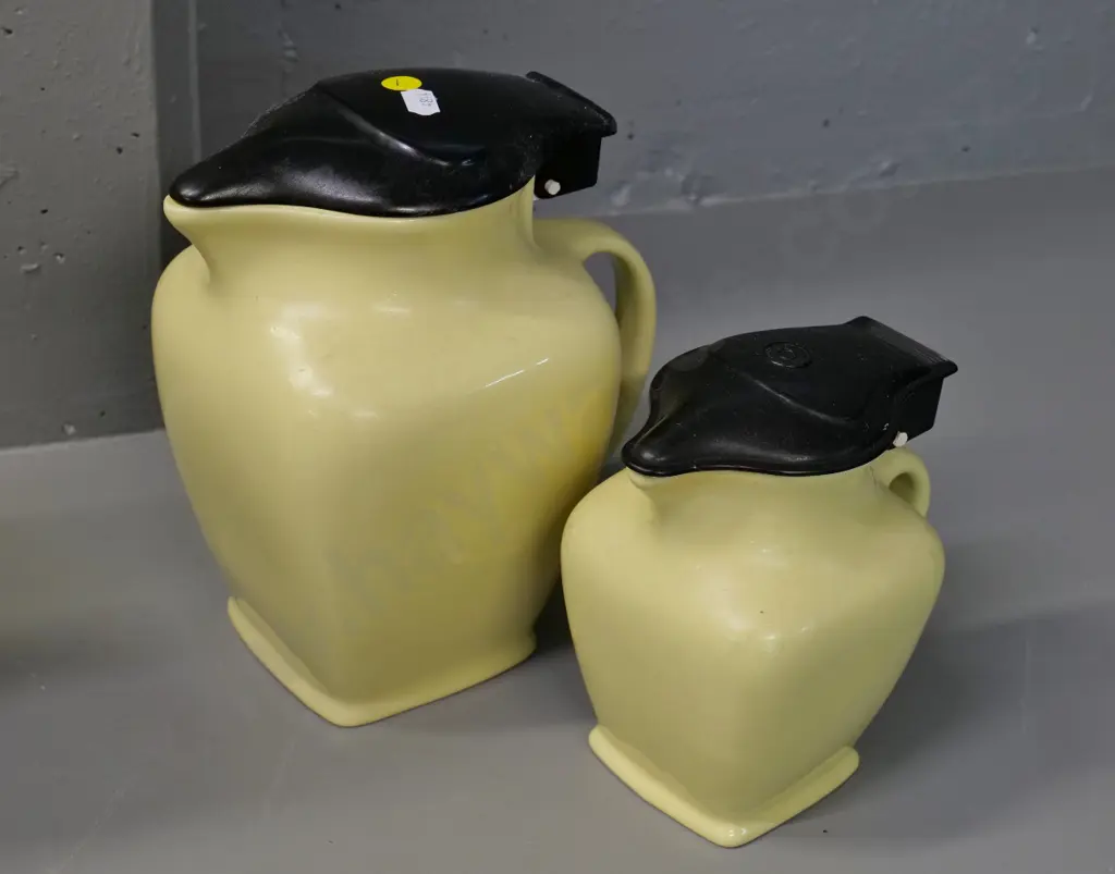 2 vintage Fowler Ware English porcelain electric jugs with bakelite or plastic lids - elements, no cords, larger H-240 Image 1++