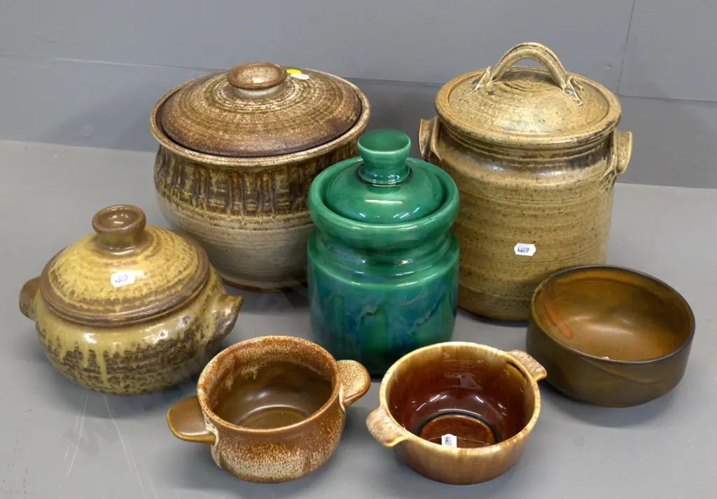 studio pottery items - some NZ, green lidded canister and handled ramekin marked Clay Craft NZ, largest is H220 W190 Image 1++