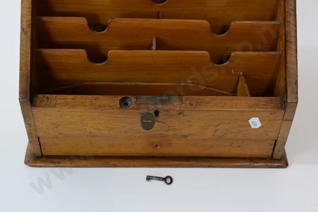 restorer's roll-top stationery organiser H260 W300 D220 - missing knobs and catch - & a metal cash box, chips to finish Image 1++