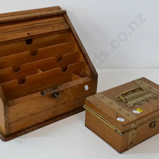 restorer's roll-top stationery organiser H260 W300 D220 - missing knobs and catch - & a metal cash box, chips to finish