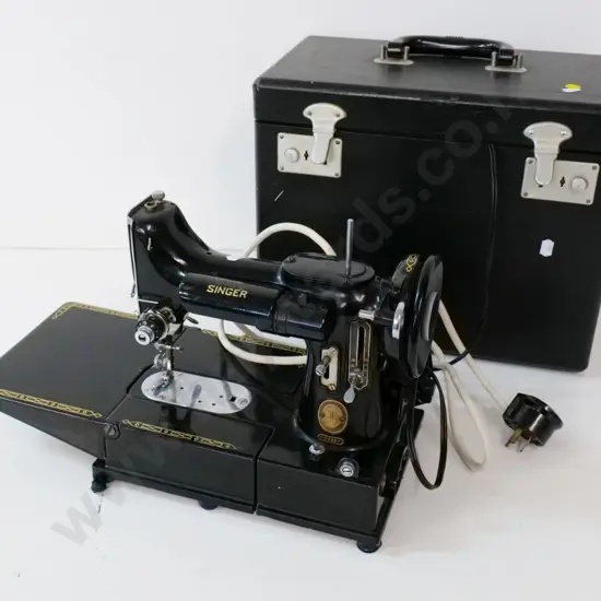 vintage portable cased Singer sewing machine with accessories - case is H-300 W-370 D-210