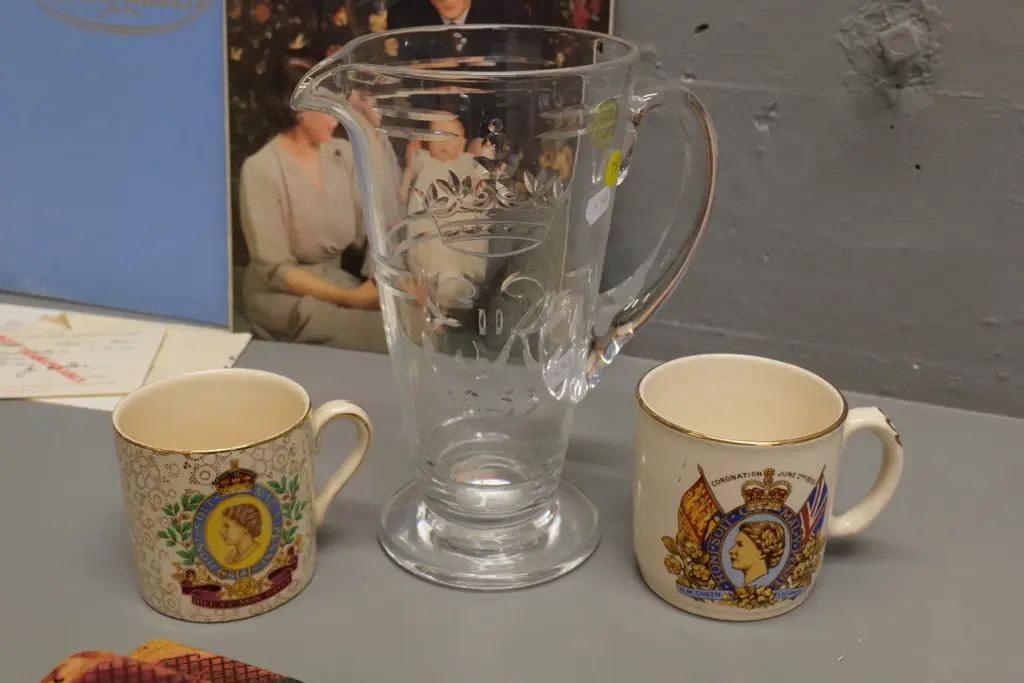 Royal Memorabilia including Webb-Corbett 1953 Coronation jug H220, Coronation & NZ tour mugs, books, etc. Image 1++