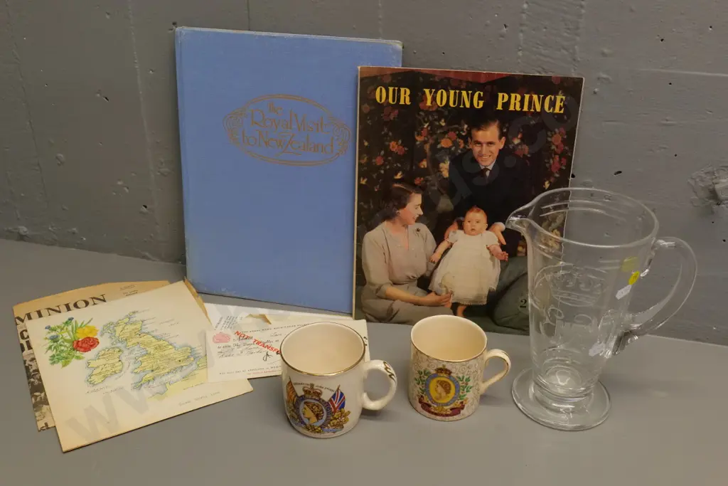 Royal Memorabilia including Webb-Corbett 1953 Coronation jug H220, Coronation & NZ tour mugs, books, etc. Image 1++