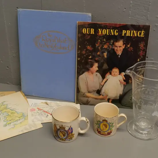Royal Memorabilia including Webb-Corbett 1953 Coronation jug H220, Coronation & NZ tour mugs, books, etc.