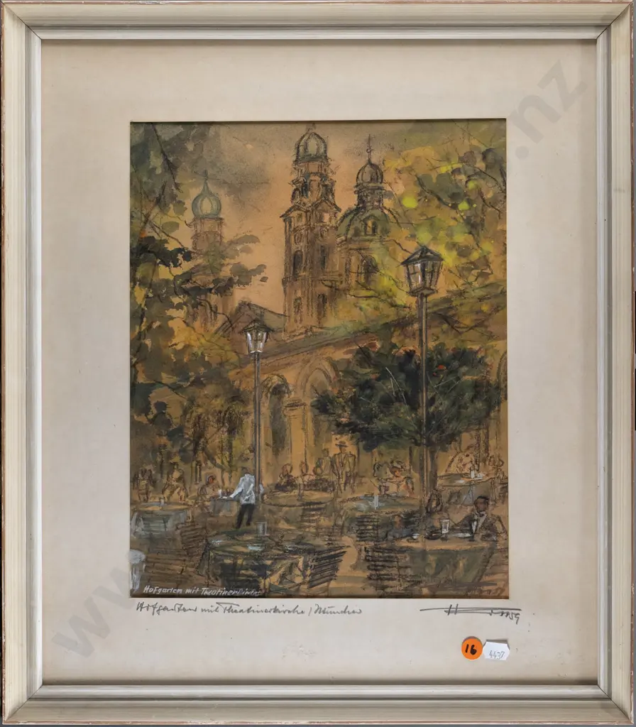 Illegible signature - framed mied media "Court garden with Theatine Church (Munich)" H-310 W-250 Image 1++