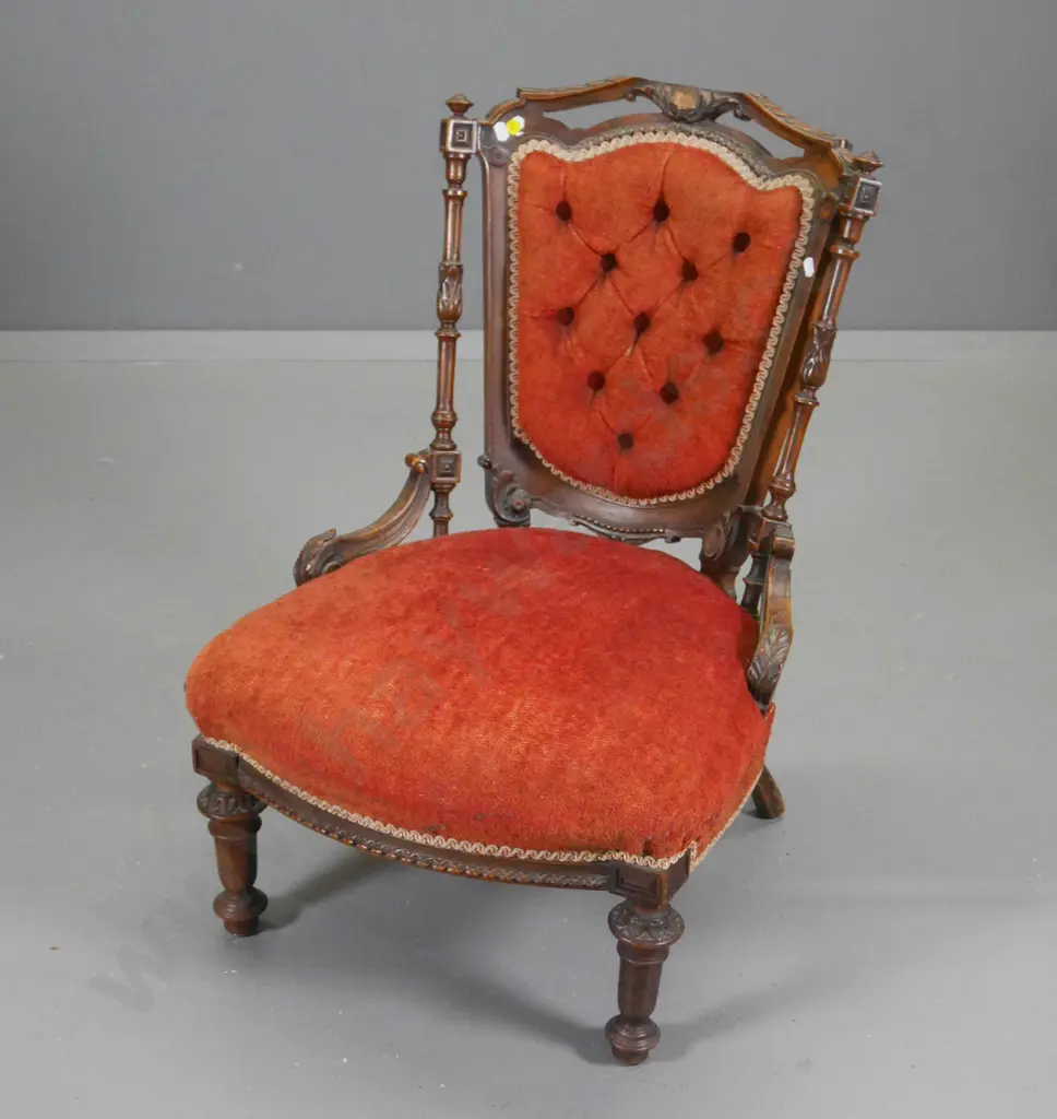 Victorian carved walnut nursing chair with deep-button back, missing piece of carving on top H710 W500 D570 Image 1++