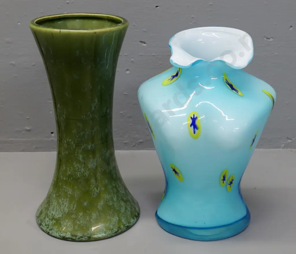 Temuka pottery mottled green specimen vase H-250 and an art glass torso vase, no maker's marks Image 1++