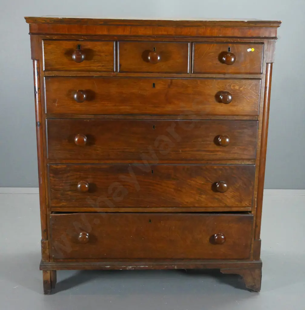 antique oak 7-drawer Scotch chest with panel ends - chips and splits, missing a foot cover H1380 W1160 D540 Image 1++