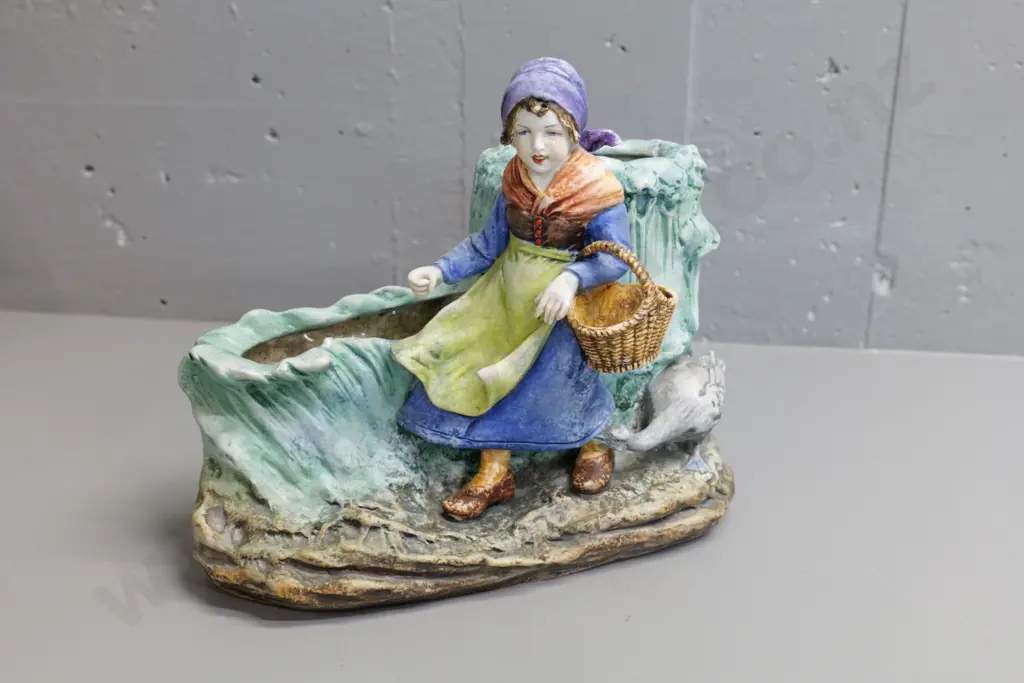 European bisque figural trough vase - H-260 W-310, woman with basket has porcelain glazed face, stamped 5077-43 Image 1++
