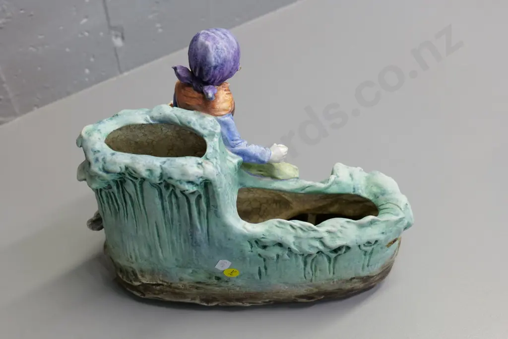 European bisque figural trough vase - H-260 W-310, woman with basket has porcelain glazed face, stamped 5077-43 Image 1++