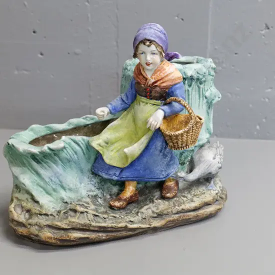 European bisque figural trough vase - H-260 W-310, woman with basket has porcelain glazed face, stamped 5077-43