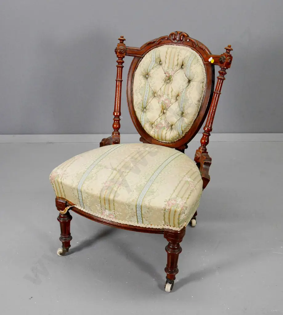 Victorian carved walnut bedroom chair - deep-button back, on porcelain casters - wear to seat fabric H760 W520 D490 Image 1++