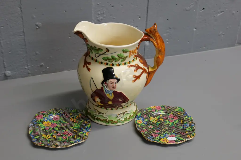 Crown Devon Fieldings John Peel musical jug - working - H200 and 2 small Royal Winton Victoria plates Image 1++