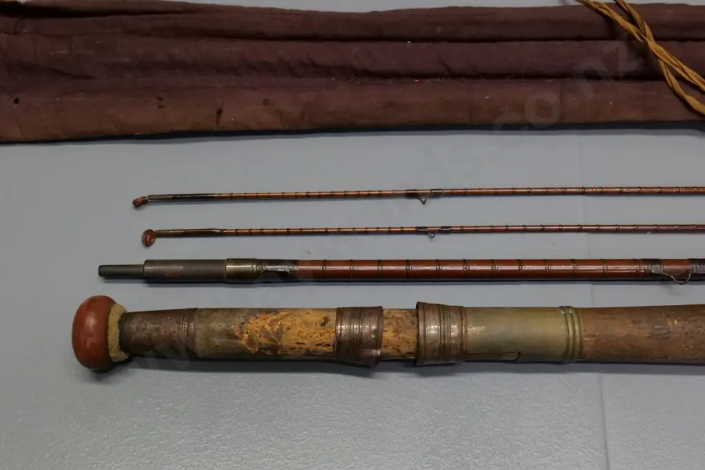 vintage greenheart fly fishing rod in canvas sleeve - 3 piece, with spare tip section, no maker's marks Image 1++