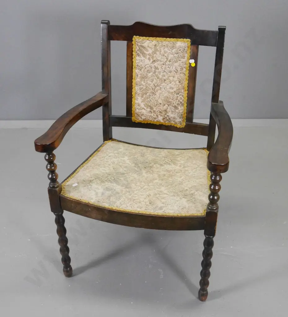 deco style beech-framed turned spindle armchair - a bit wobbly, fading to floral tapestry fabric. H-800 W-570 D-480 Image 1++