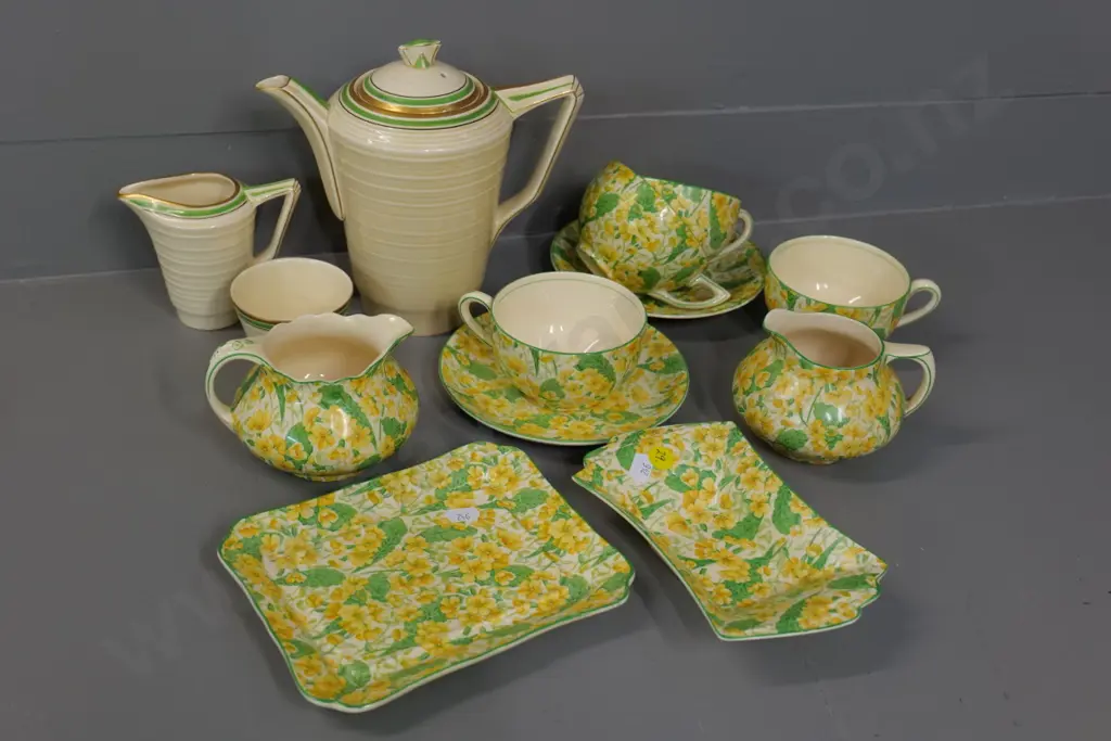 Crown Ducal items - retro coffee pot H-200 cream & sugar, & Primrose pattern assorted tea ware, jugs and dishes Image 1++