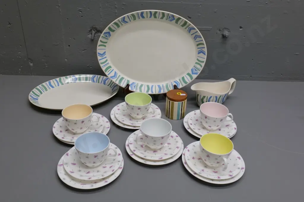 mid-century items - Crown Lynn wood-topped Cordon Bleu spice jar, 6 Foley Thistledown trios, 2 'Image 70' ashetts Image 1++
