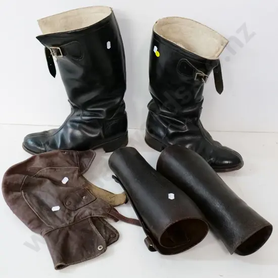 2 WWII era (RNZAF) lambskin flying helmet, pair of leather puttees, and fleece lined boots