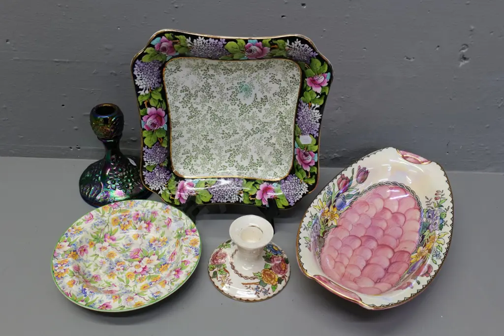 assorted china and glass - 2 pieces of Maling thumbprint, bowl is L-280 W-170, carnival glass candlestick, etc. Image 1++