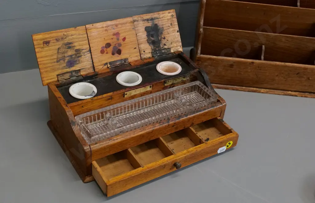 vintage oak inkwell set and an adjustable stationery organiser - wear to finish, ink stains, etc. Image 1++