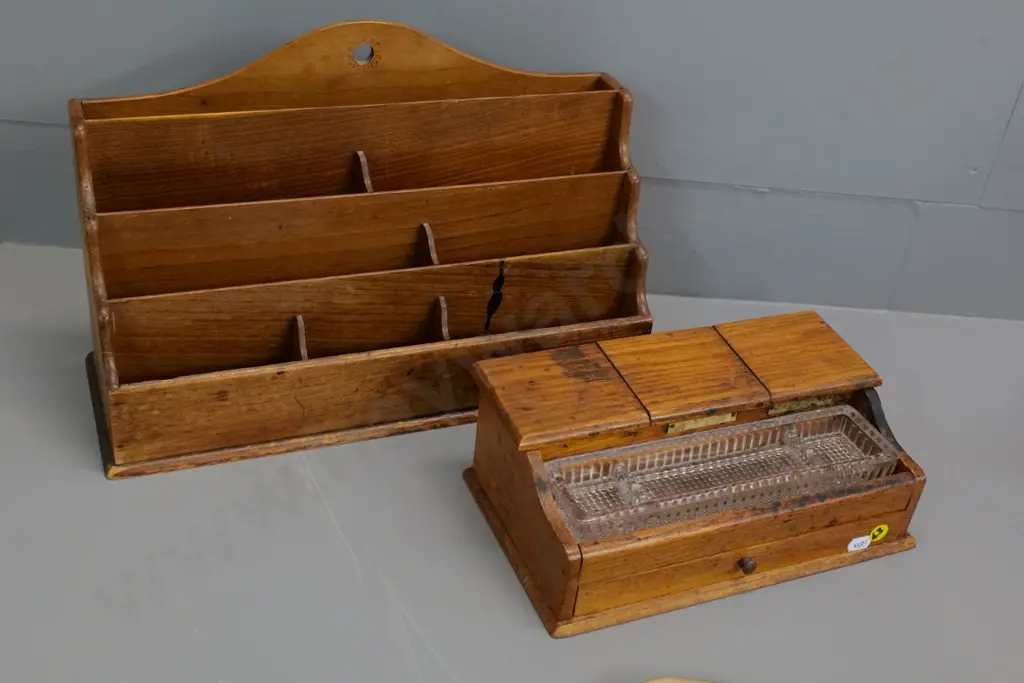 vintage oak inkwell set and an adjustable stationery organiser - wear to finish, ink stains, etc. Image 1++