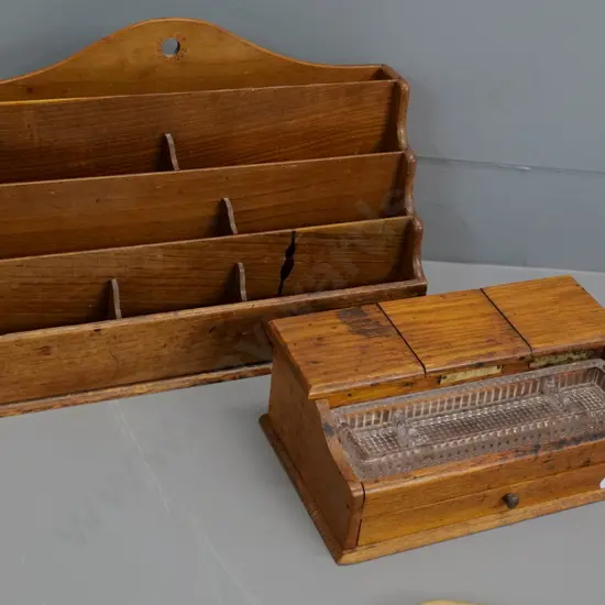 vintage oak inkwell set and an adjustable stationery organiser - wear to finish, ink stains, etc.