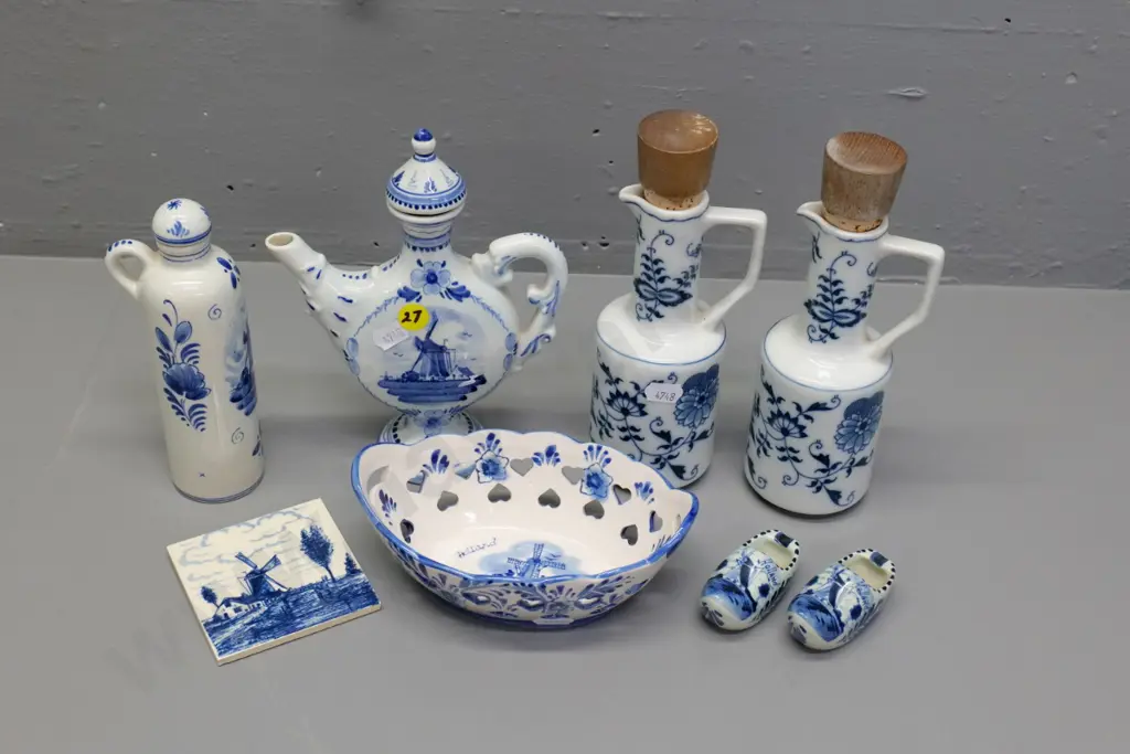 blue & white pottery Delft and Blue Danube items - oil & vinegar bottles H-190, shoes, flask, etc. Image 1++
