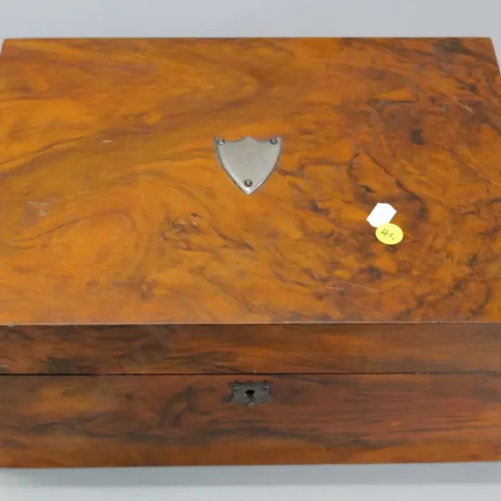 vintage work box with burr veneer, satin lining w/deep-button lid, some staining, no key H140 W300 D215