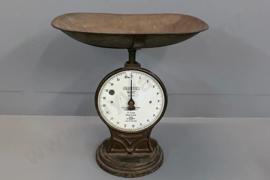 vintage Salter cast metal 20 lb. spring scales - some marks to face, corrosion to tray H-430 W-400 D-290 Image 1++