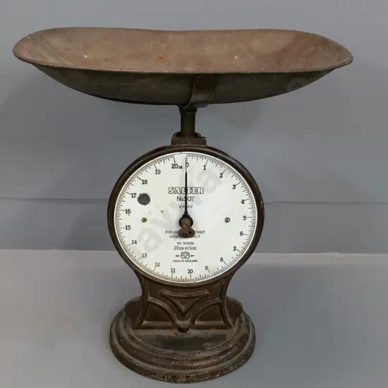 vintage Salter cast metal 20 lb. spring scales - some marks to face, corrosion to tray H-430 W-400 D-290