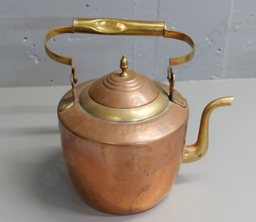 vintage large copper kettle with brass handles, spout and rim - some dents on handle H-380 W-300 Image 1++