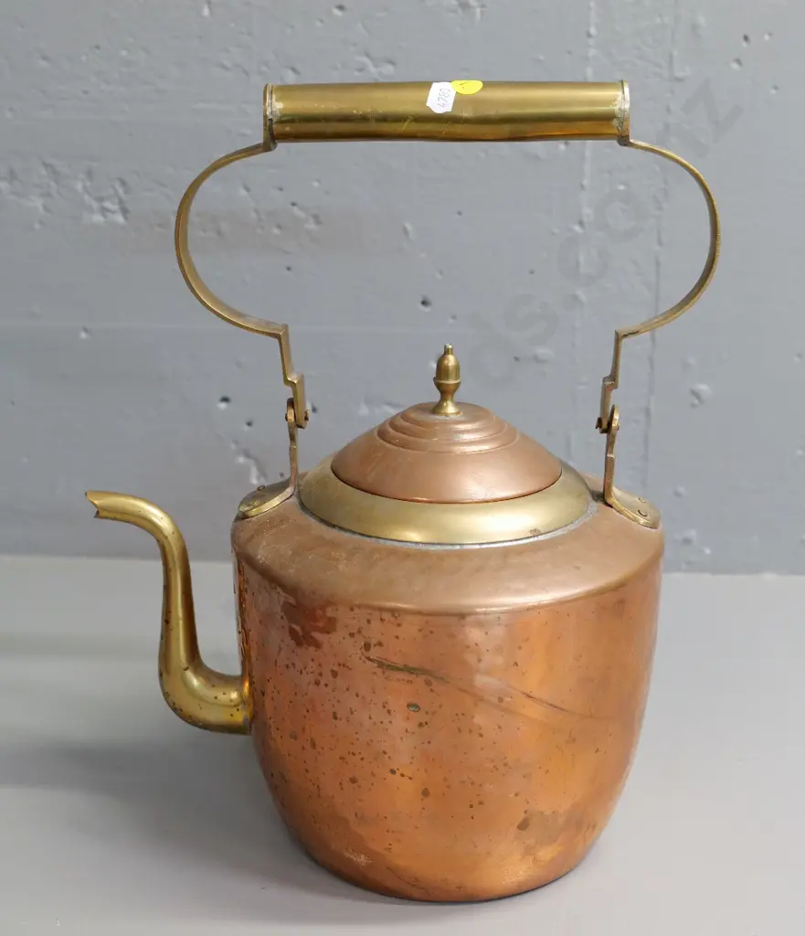 vintage large copper kettle with brass handles, spout and rim - some dents on handle H-380 W-300 Image 1++