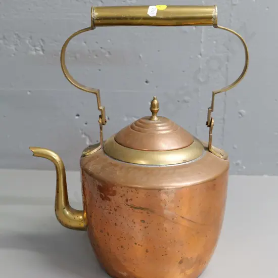 vintage large copper kettle with brass handles, spout and rim - some dents on handle H-380 W-300