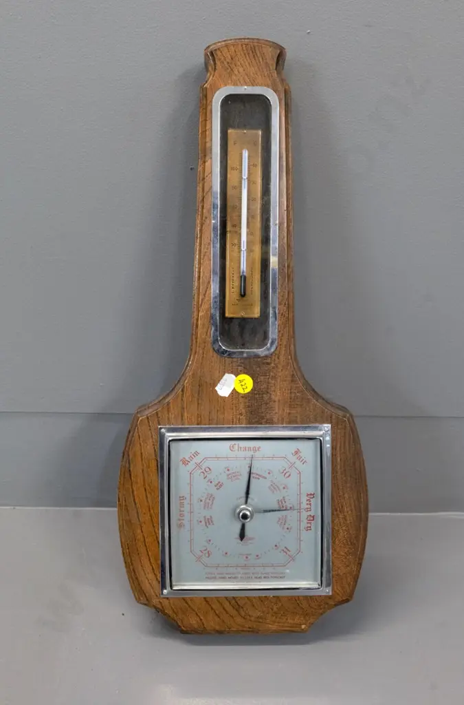 oak-cased wall barometer-thermometer Smiths 'SB' made in England - H-440 W-190 Image 1++