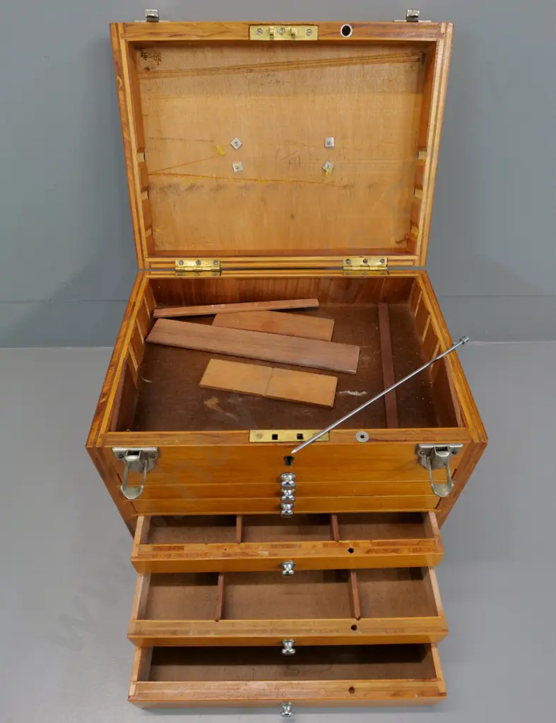 small plywood chest with top compartment & 6 drawers, rod drawer lock, no key, some dividers loose H310 W330 D240 Image 1++