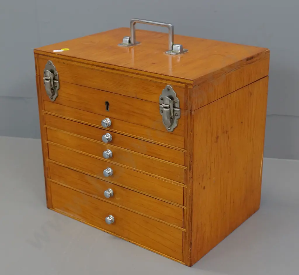 small plywood chest with top compartment & 6 drawers, rod drawer lock, no key, some dividers loose H310 W330 D240 Image 1++