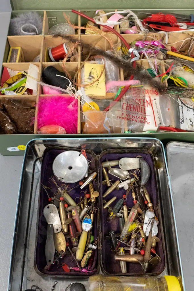 metal case and biscuit tin full of fishing lures, flies, hooks, sinkers, fly-making supplies, etc. Image 1++