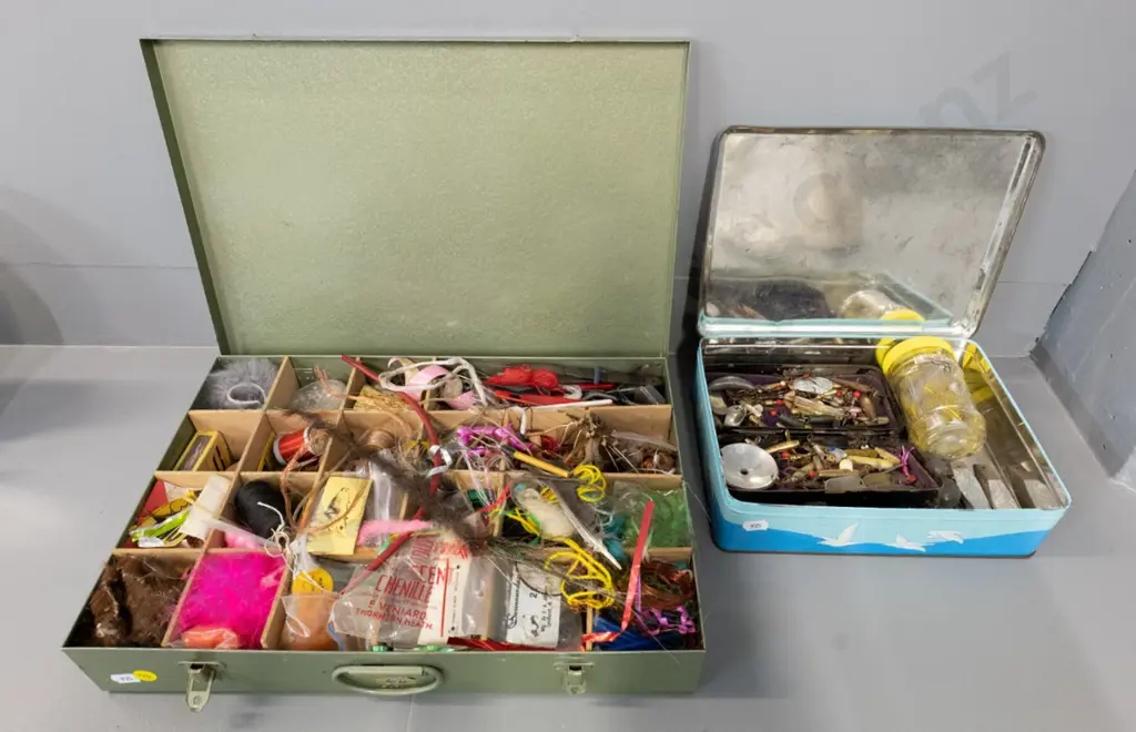 metal case and biscuit tin full of fishing lures, flies, hooks, sinkers, fly-making supplies, etc. Image 1++