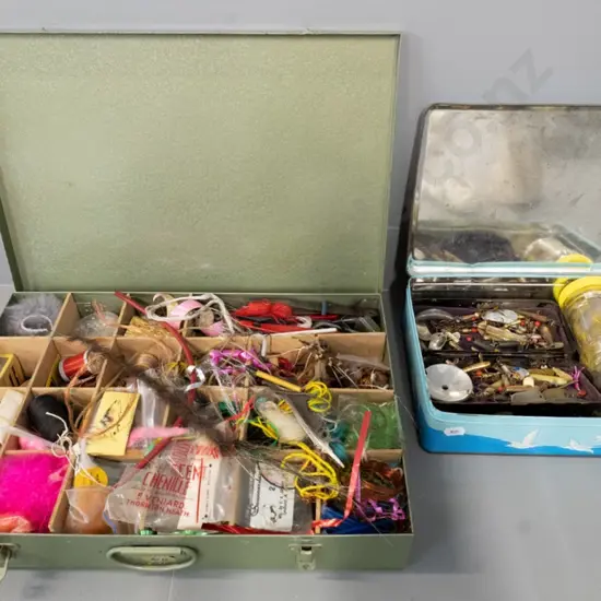 metal case and biscuit tin full of fishing lures, flies, hooks, sinkers, fly-making supplies, etc.