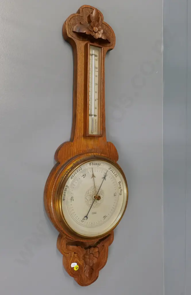 large oak-cased wall barometer-thermometer with brass bezel - marked Pitkin London H-800 W-260 Image 1++