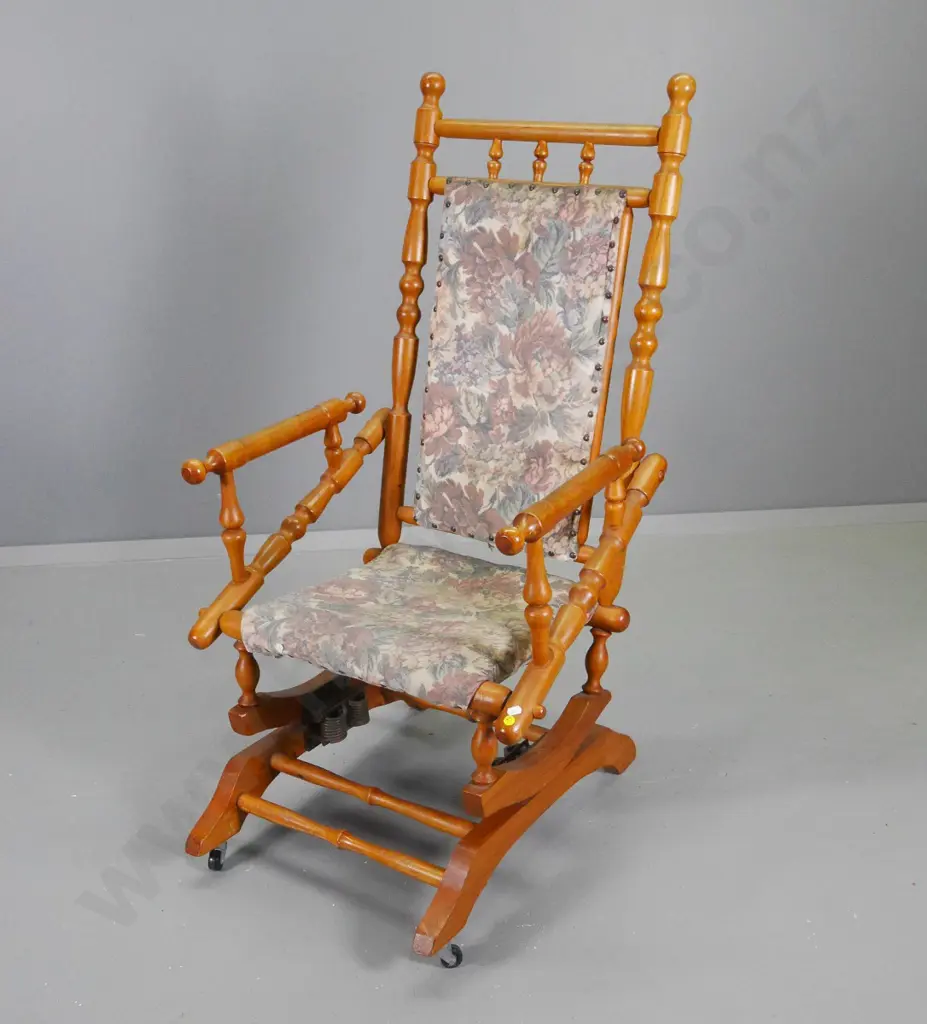 turned mahogany Dexter rocking chair on casters, wear and fading to printed velvet H-1110 W-550 D-530 Image 1++