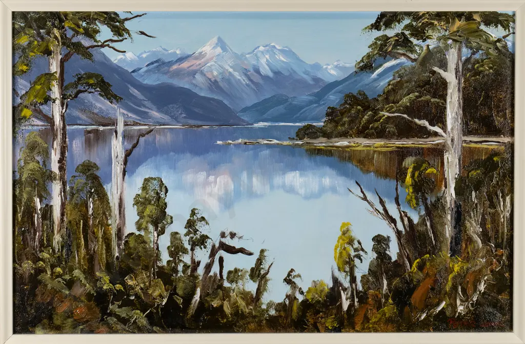 Peter Long - framed oil "evening shadows Lake Mapourika West Coast" H-340 W-530 Image 1++