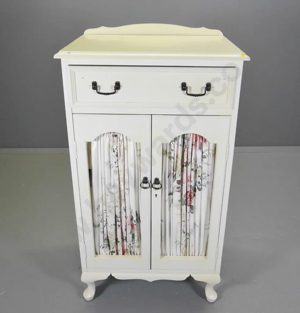 painted timber bedroom cabinet with 1 top and 3 internal drawers, fabric panel locking doors H1170 W610 D420 Image 1++