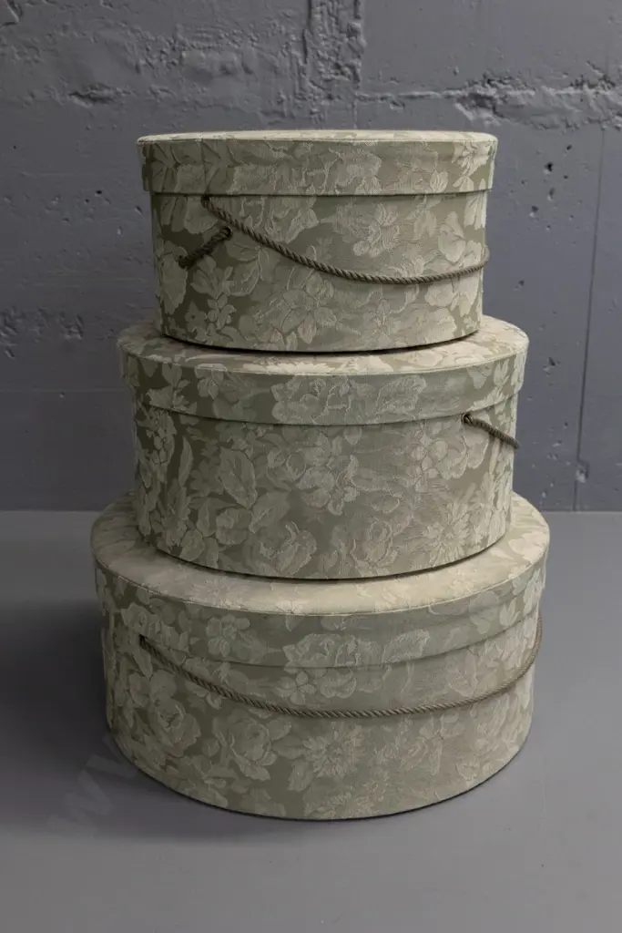 nesting set of 3 hat boxes covered in floral brocade fabric with corded handles - largest is H-170 Diameter 390 Image 1++