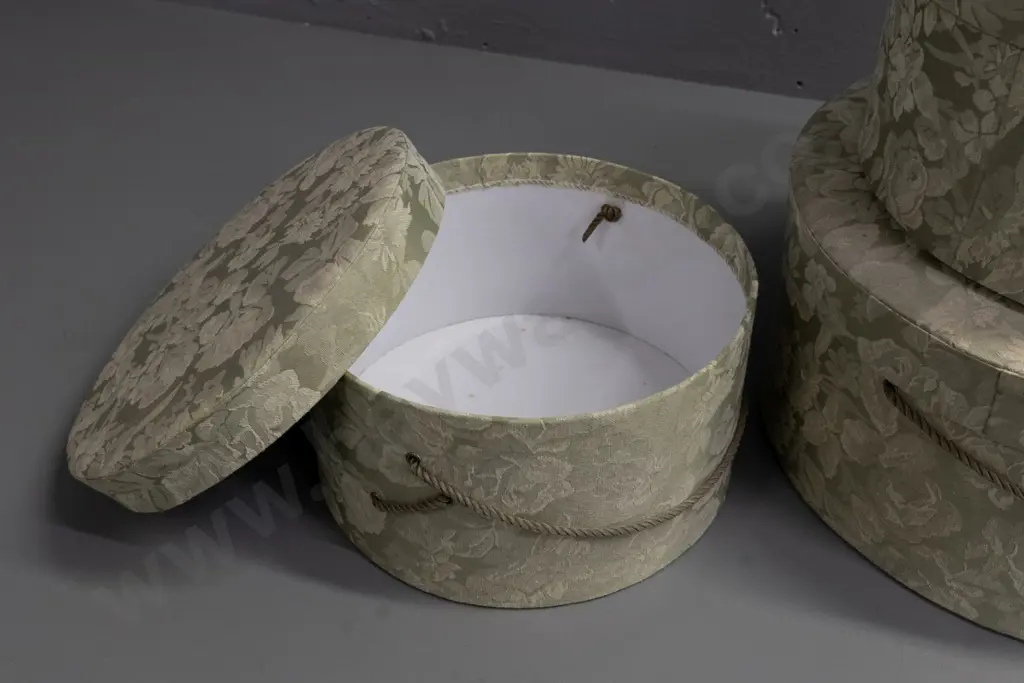 nesting set of 3 hat boxes covered in floral brocade fabric with corded handles - largest is H-170 Diameter 390 Image 1++